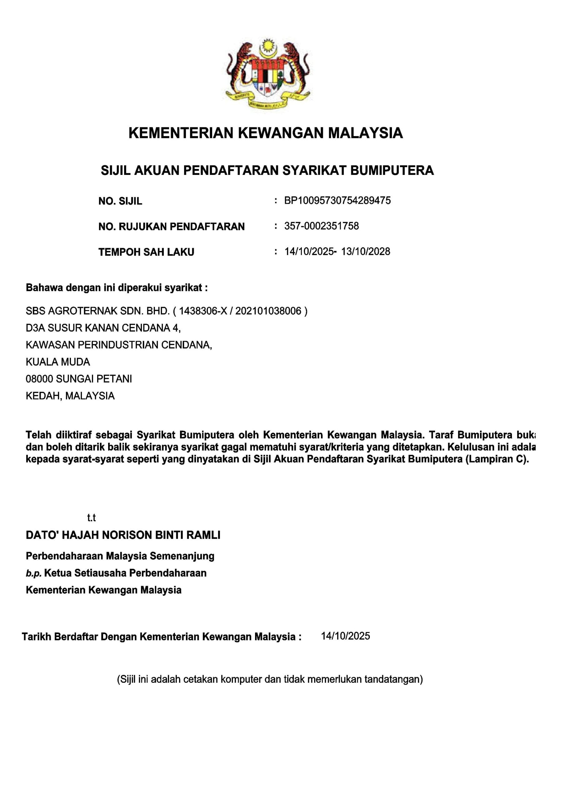 MOFB Sijil Pendaftaran Kementerian Kewangan Malaysia - Bumiputera