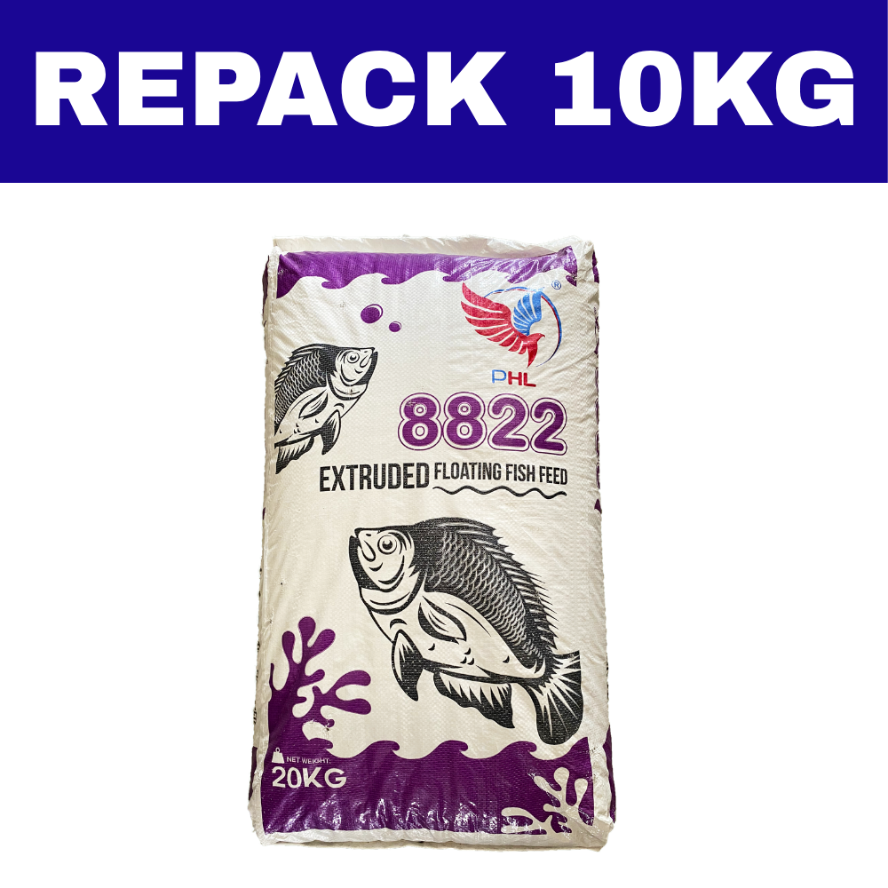 Dedak Makanan Ikan Air Tawar 8822 Pembesaran / Floating Freshwater Fish Feed | HL Feedmills | Repack 10Kg
